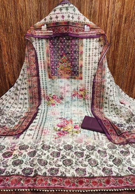 Cream Embroidered Oragnza Dress Material