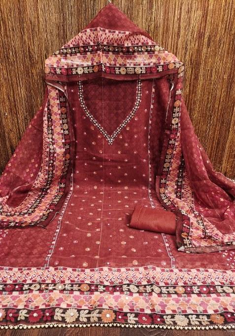 Red Embroidered Oragnza Dress Material