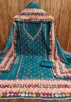 Teal Embroidered Oragnza Dress Material