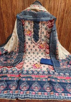 Blue Embroidered Oragnza Dress Material