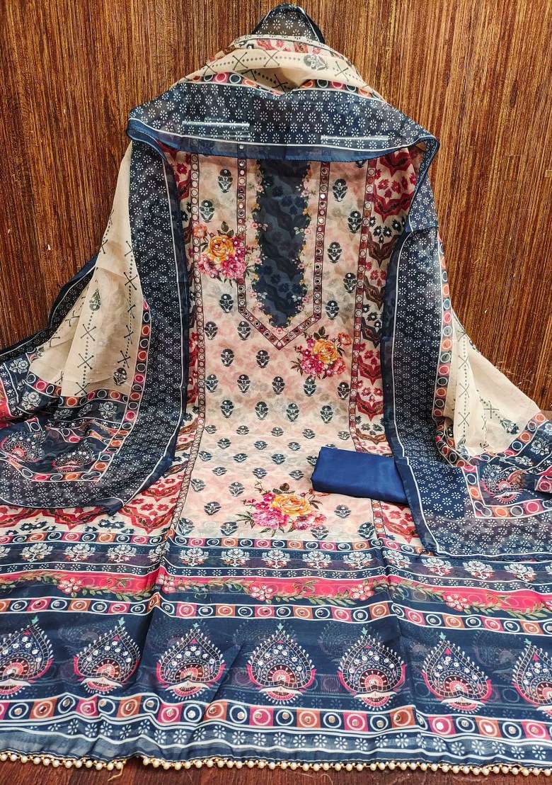 Blue Printed Organza Pakistani Suit Set - Indya