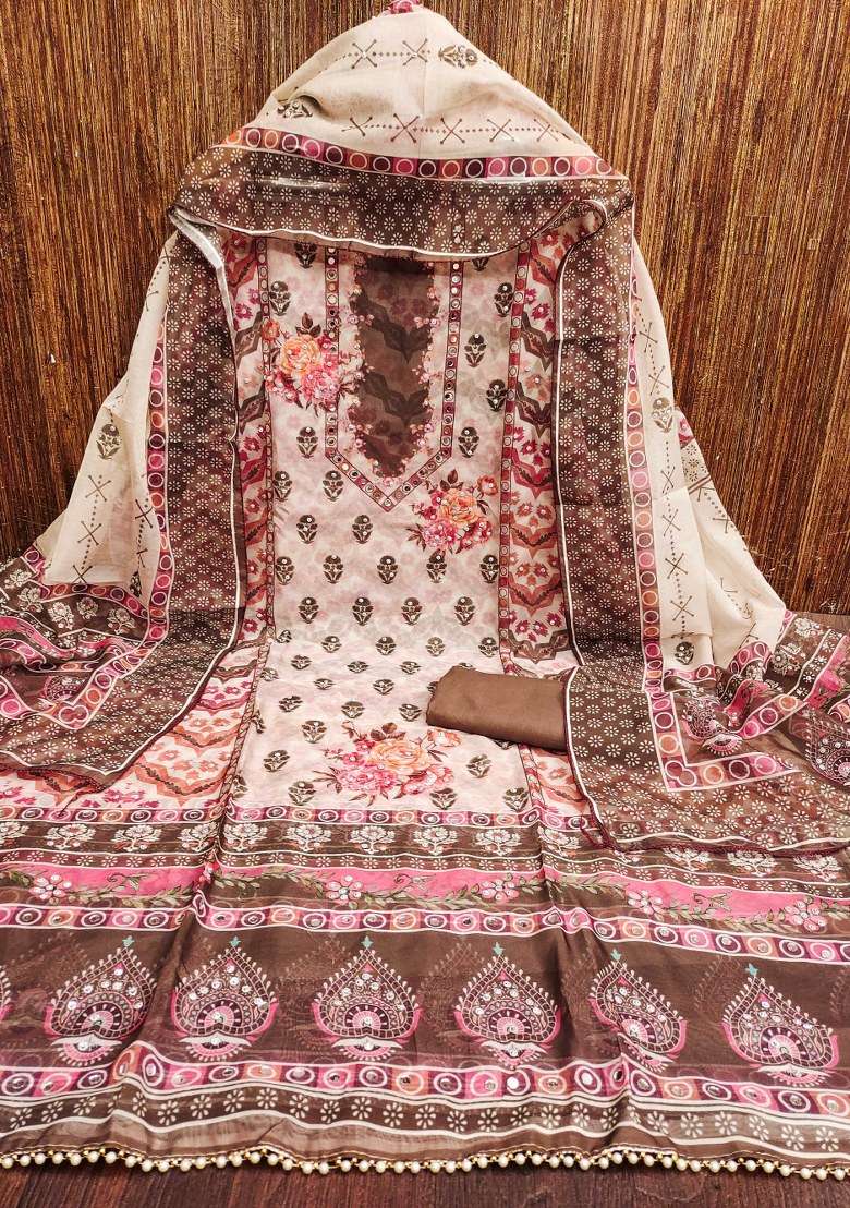 Brown Printed Organza Pakistani Suit Set - Indya