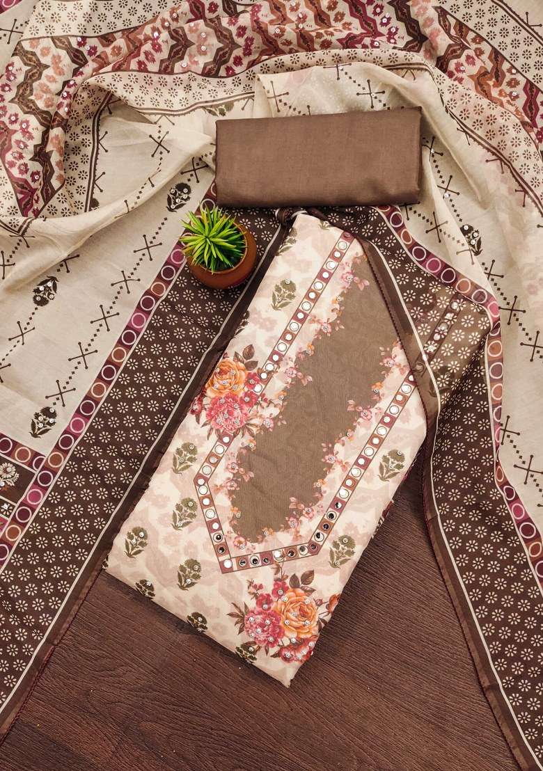 Brown Printed Organza Pakistani Suit Set - Indya