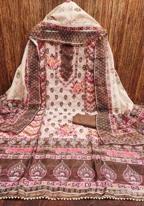 Brown Embroidered Oragnza Dress Material