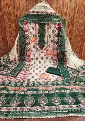 Green Embroidered Oragnza Dress Material