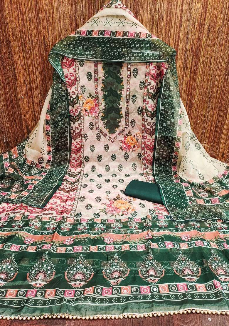 Green Printed Organza Pakistani Suit Set - Indya