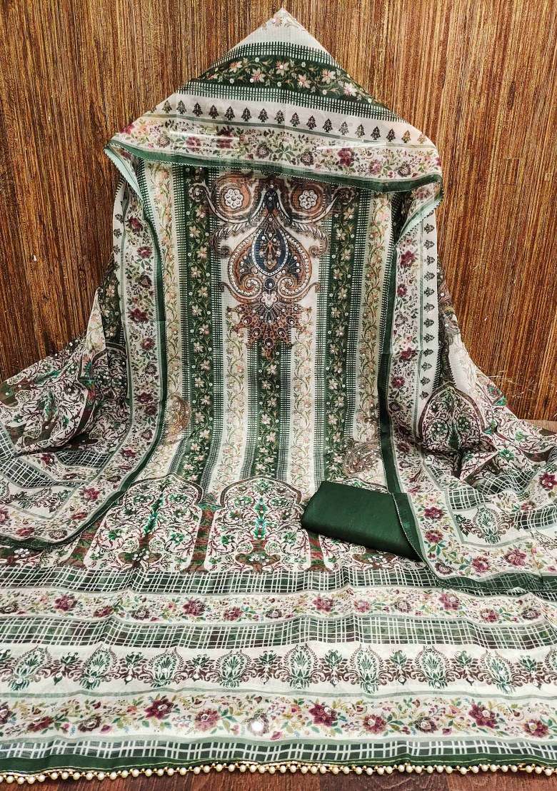 Green Printed Organza Straight Kurta Set - Indya