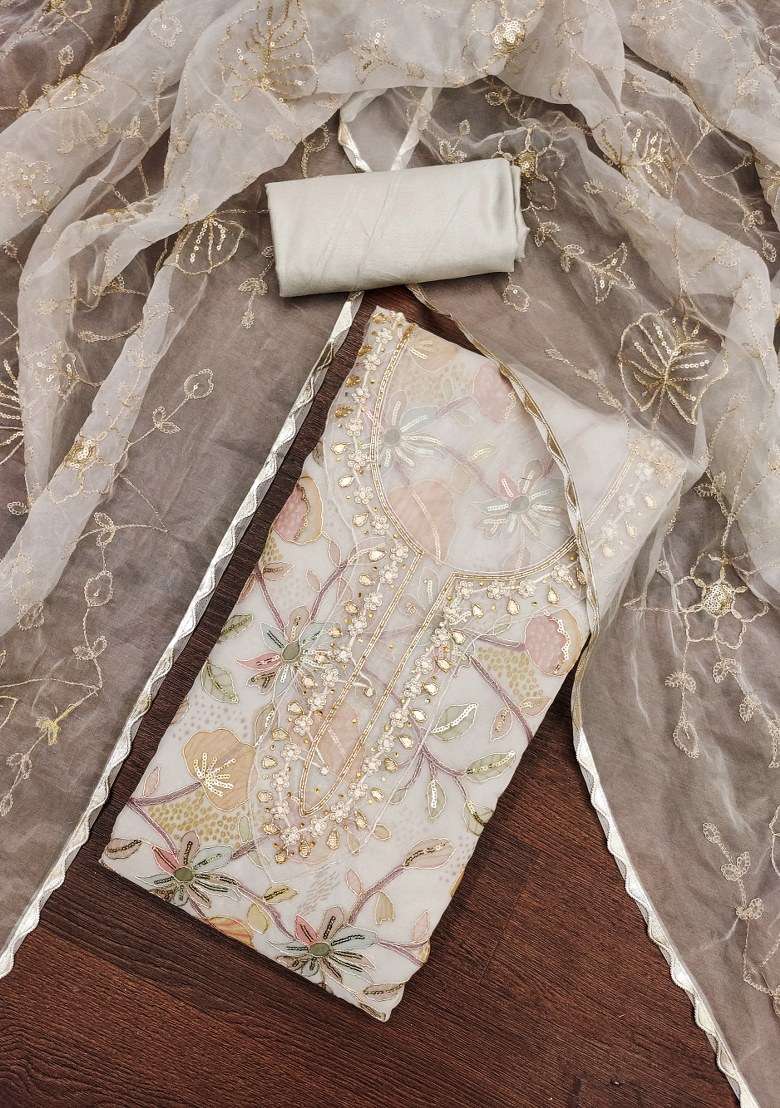Light Grey Embroidered Organza Straight Kurta Set - Indya