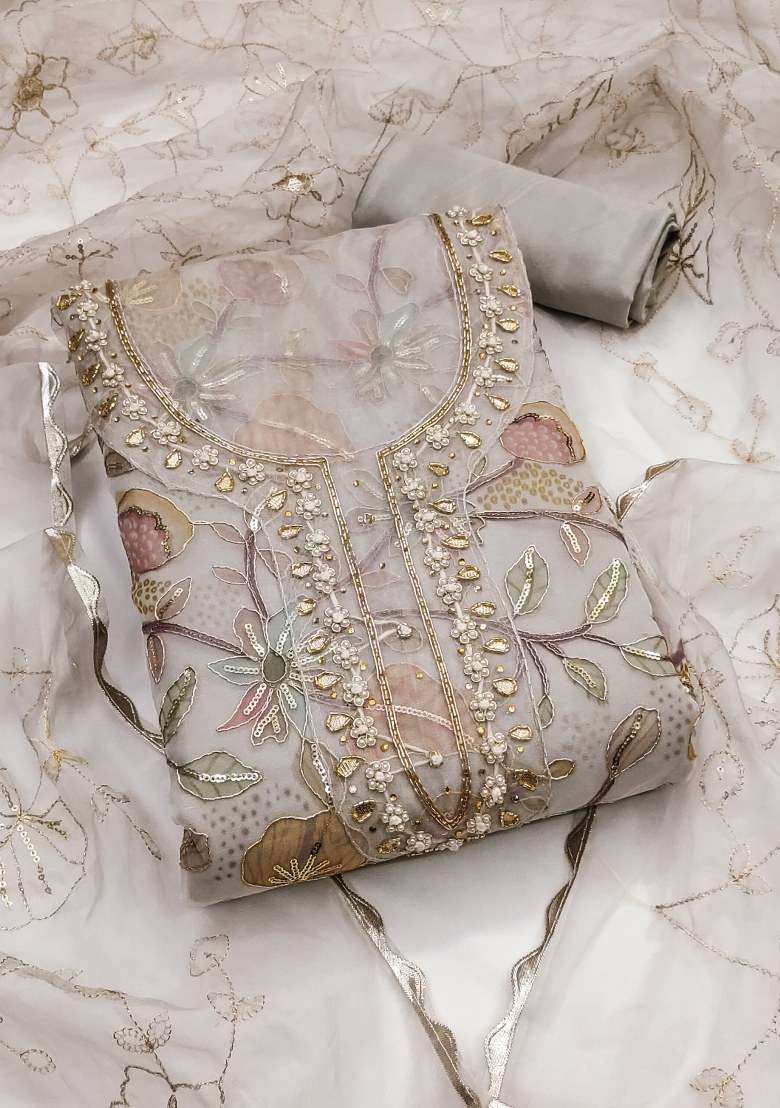 Light Grey Embroidered Organza Straight Kurta Set - Indya