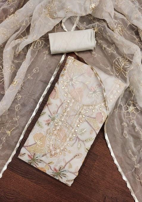 Light Grey Embroidered Oragnza Dress Material