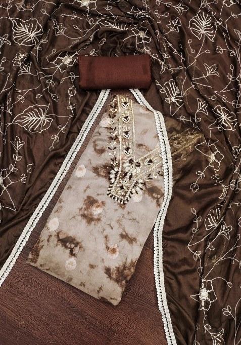 Multicolor Embroidered Oragnza Dress Material