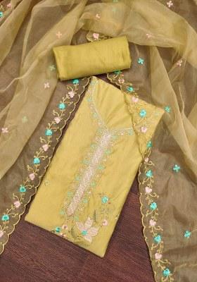 Yellow Embroidered Cotton Blend Dress Material