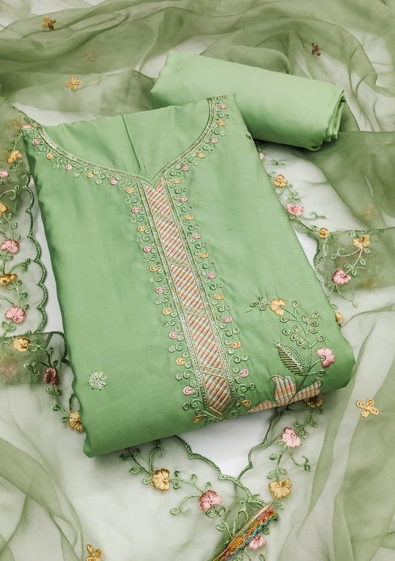 Light Green Embroidered Cotton Blend Dress Material