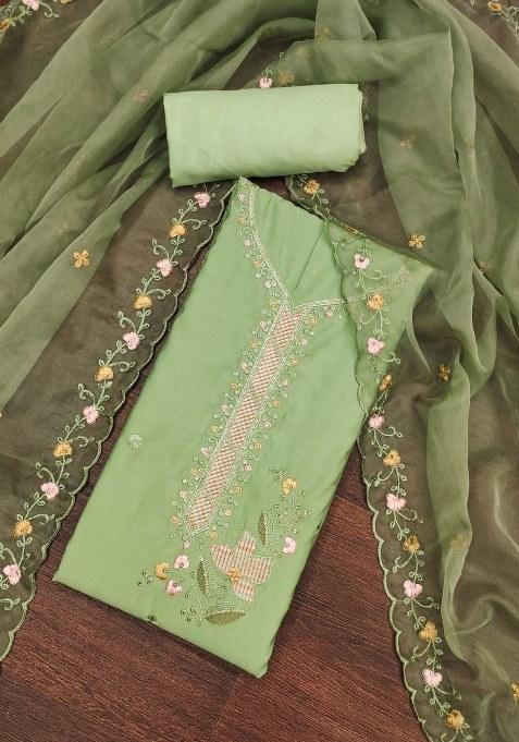 Light Green Embroidered Cotton Blend Dress Material