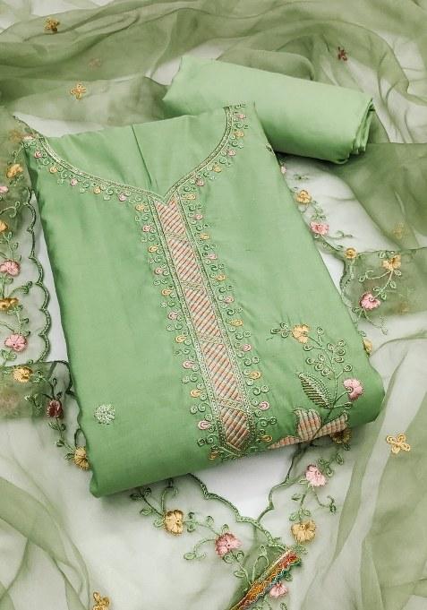 Light Green Embroidered Cotton Blend Dress Material