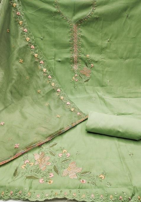 Light Green Embroidered Cotton Blend Dress Material