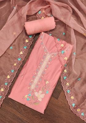 Peach Embroidered Cotton Blend Dress Material