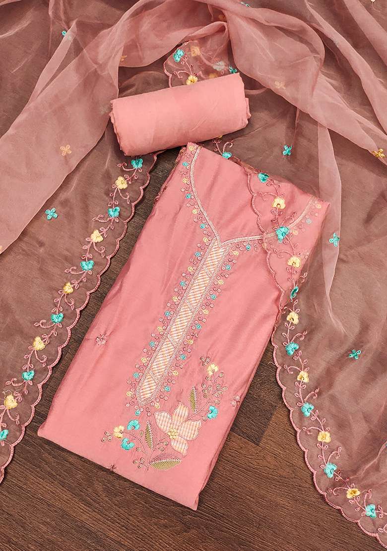 Peach Embroidered Blended Straight Kurta Set - Indya