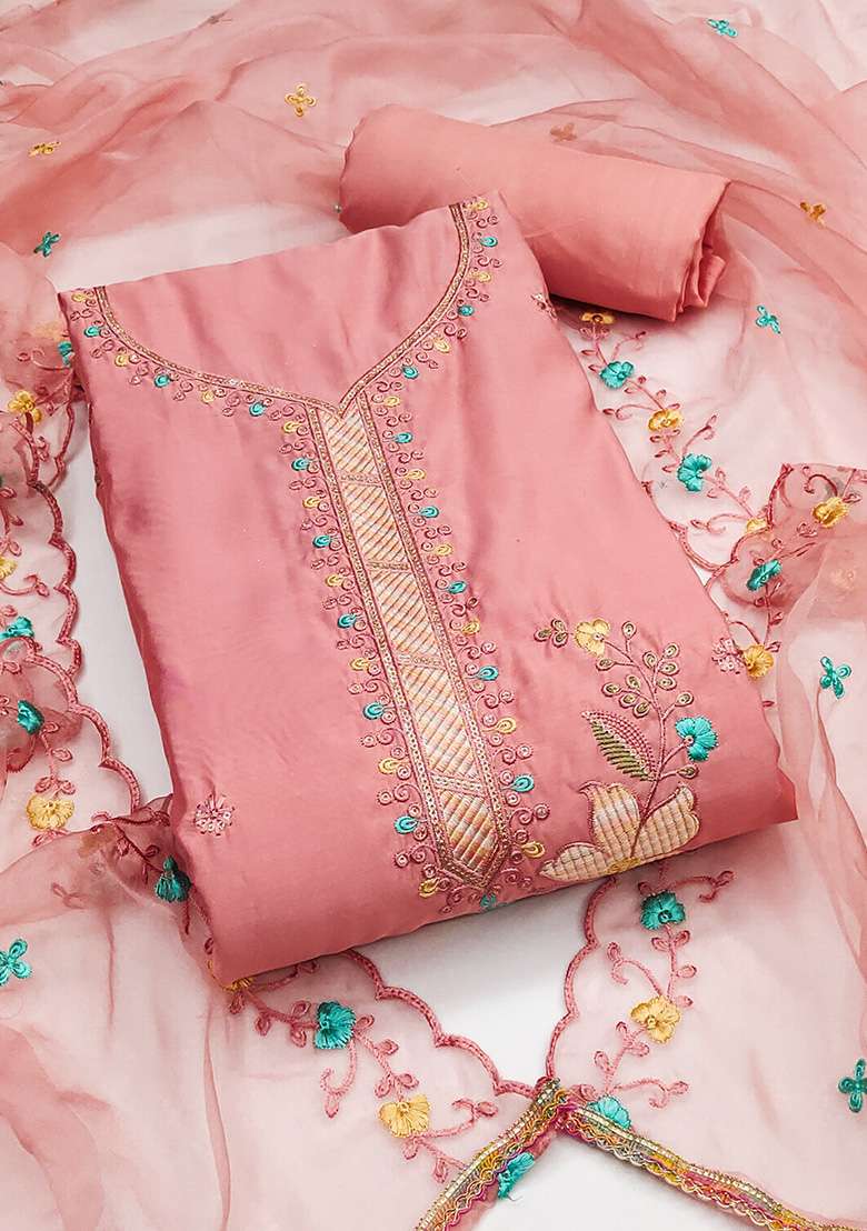 Peach Embroidered Blended Straight Kurta Set - Indya