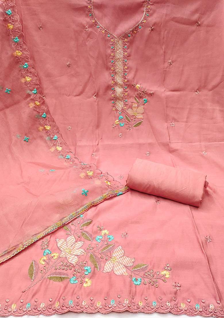 Peach Embroidered Blended Straight Kurta Set - Indya