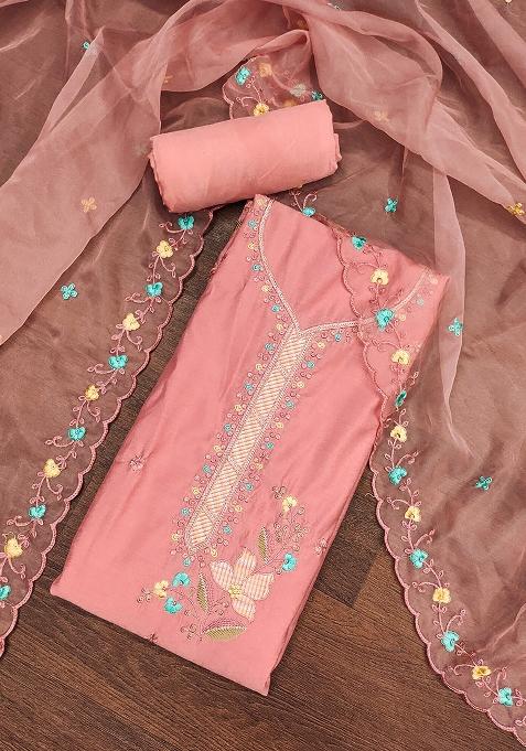 Peach Embroidered Cotton Blend Dress Material