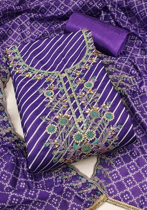 Blue Embroidered Muslin Dress Material