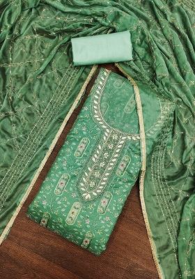 Light Green Embroidered Oragnza Dress Material