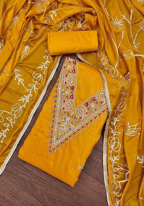 Orange Embroidered Blended Dress Material
