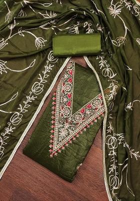 Green Embroidered Blended Dress Material
