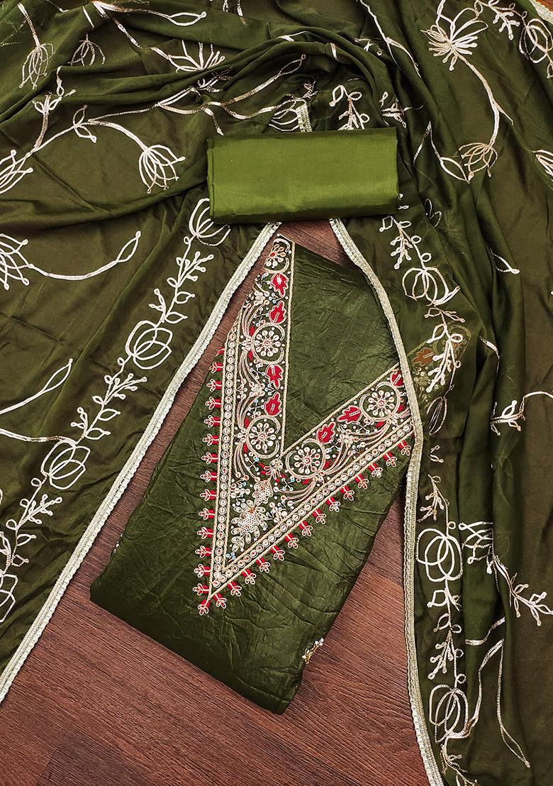 Green Embroidered Blended Dress Material