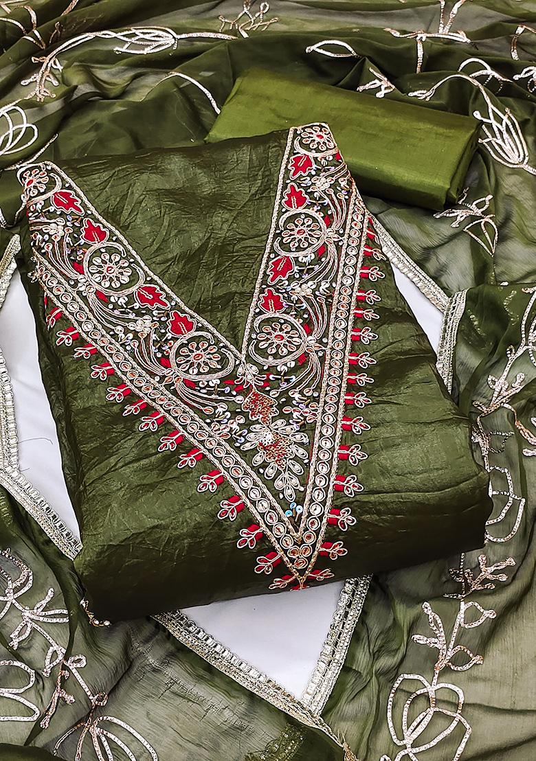 Green Embroidered Blended Dress Material