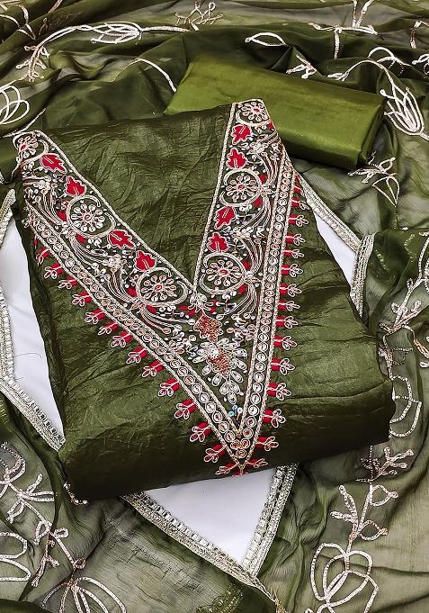Green Embroidered Blended Dress Material