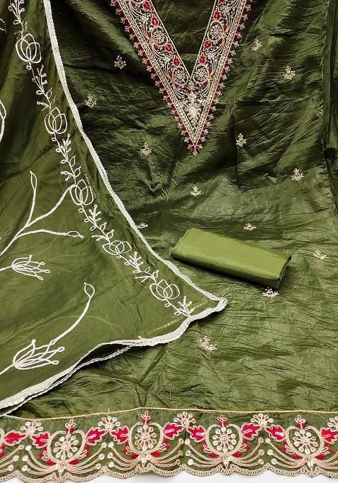 Green Embroidered Blended Dress Material