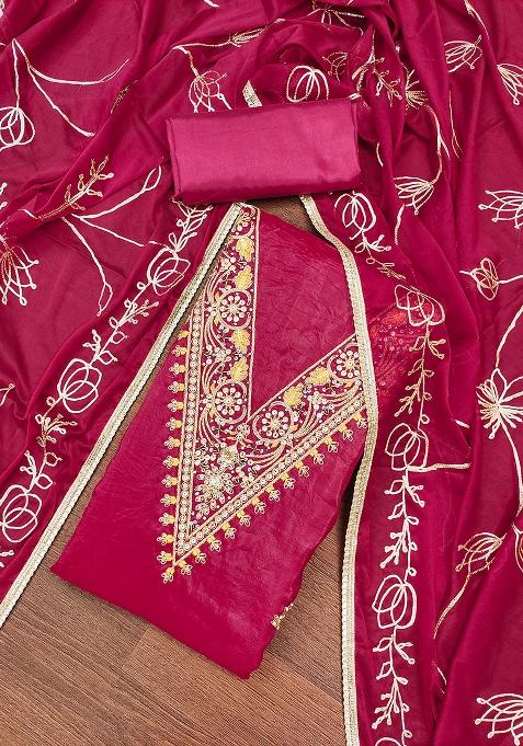 Pink Embroidered Blended Straight Kurta Set