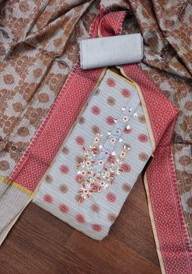 Grey Embroidered Blended Dress Material