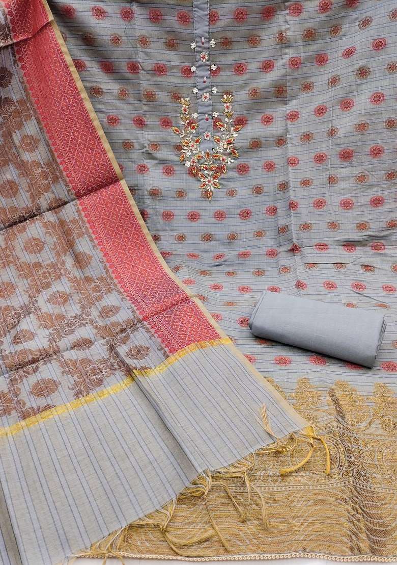Grey Embroidered Blended Straight Kurta Set - Indya