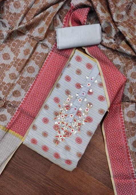 Grey Embroidered Blended Dress Material