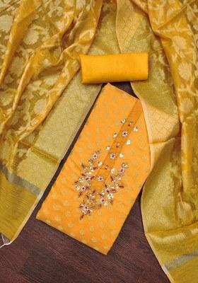 Mustard Embroidered Blended Dress Material