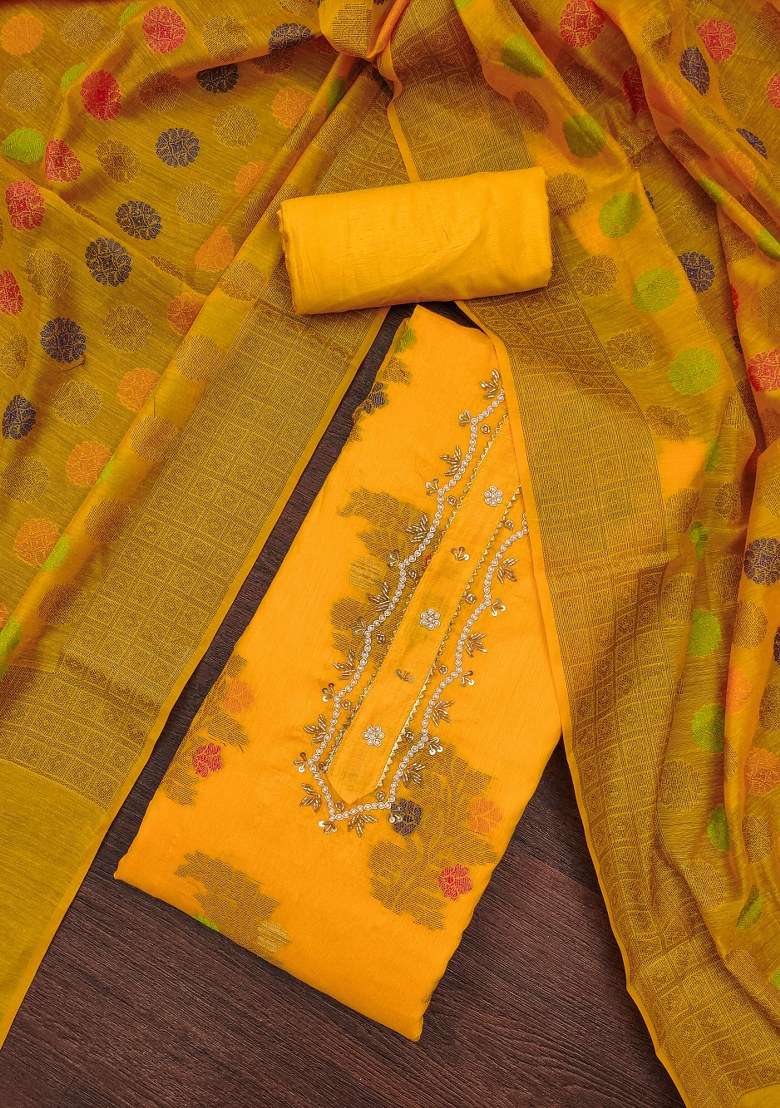 Mustard Embroidered Blended Straight Kurta Set - Indya