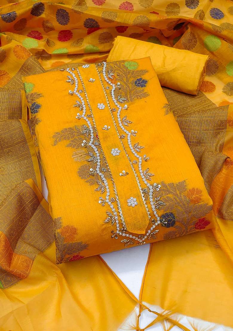 Mustard Embroidered Blended Straight Kurta Set - Indya