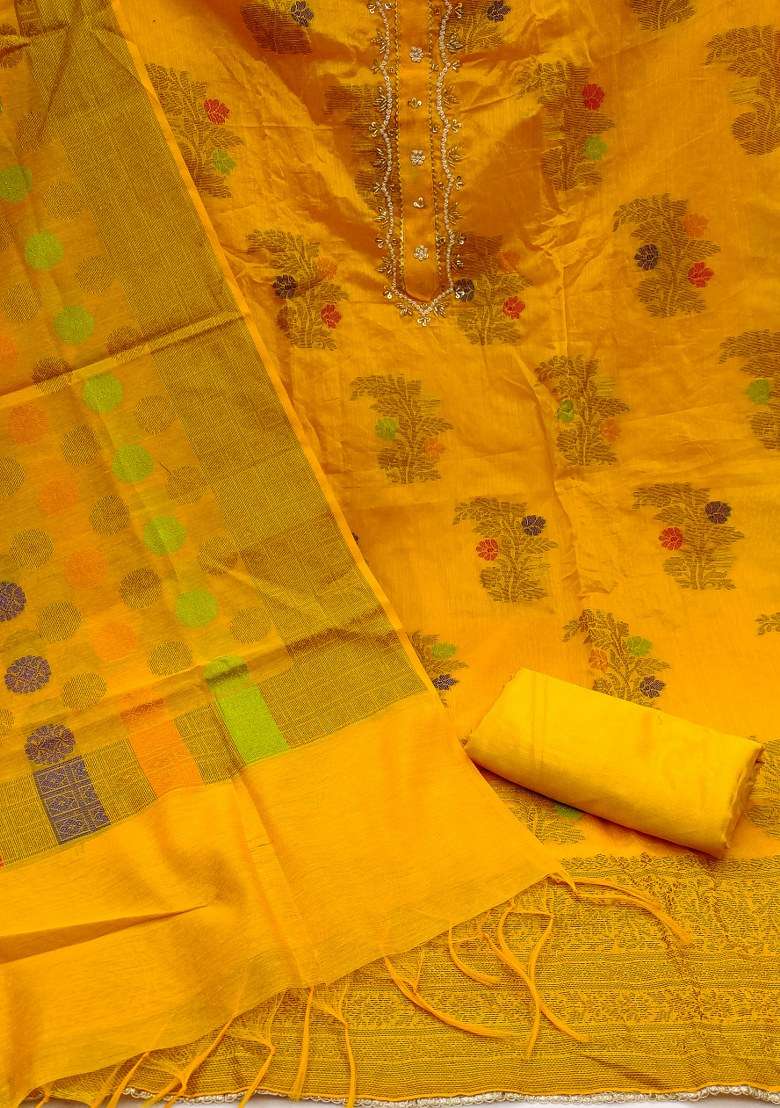 Mustard Embroidered Blended Straight Kurta Set - Indya