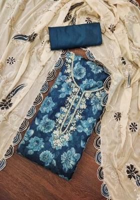 Blue Embroidered Viscose Dress Material
