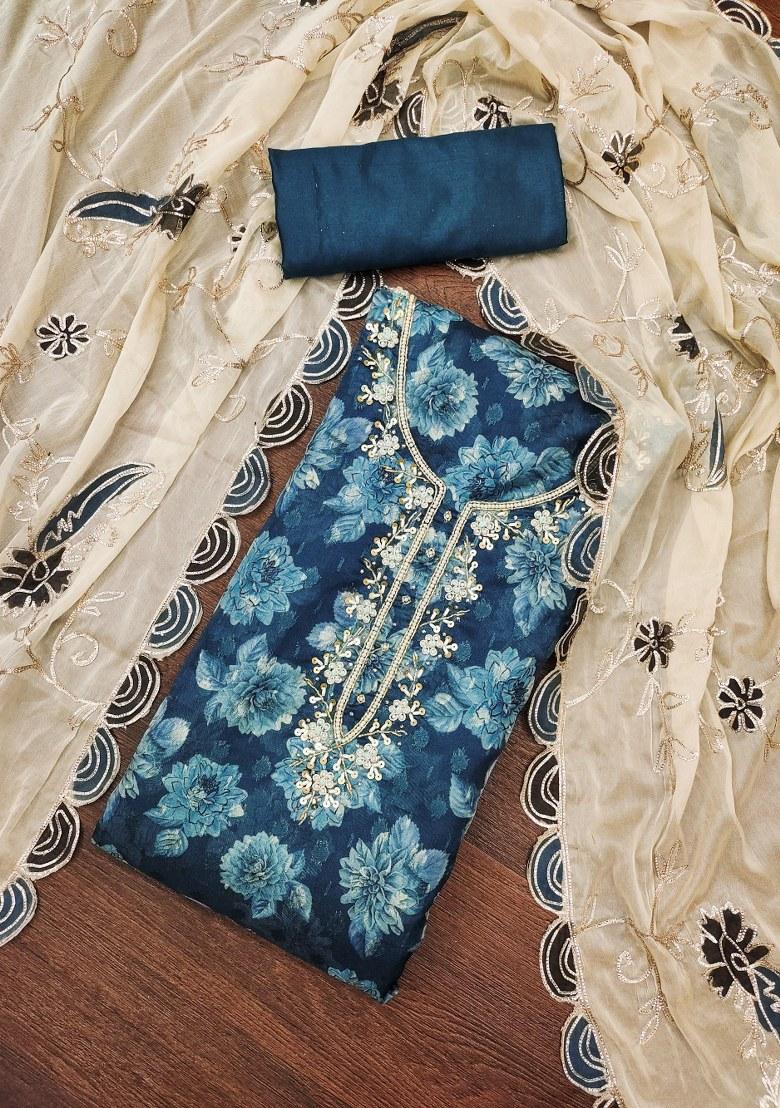 Blue Embroidered Viscose Dress Material