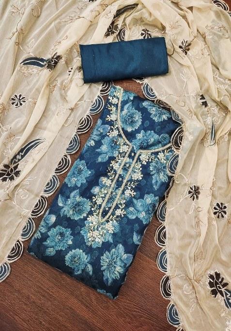 Blue Embroidered Viscose Dress Material
