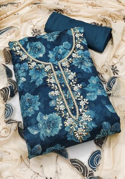 Blue Embroidered Viscose Dress Material