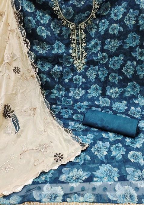 Blue Embroidered Viscose Dress Material