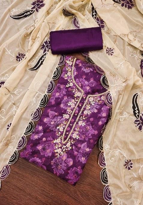 Purple Embroidered Viscose Straight Kurta Set
