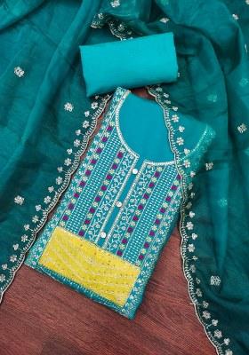 Teal Blue Embroidered Cotton Blend Dress Material