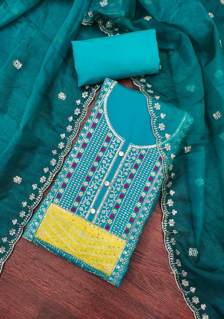 Teal Blue Embroidered Cotton Punjabi Suit - Indya