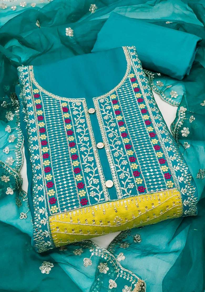 Teal Blue Embroidered Cotton Punjabi Suit - Indya